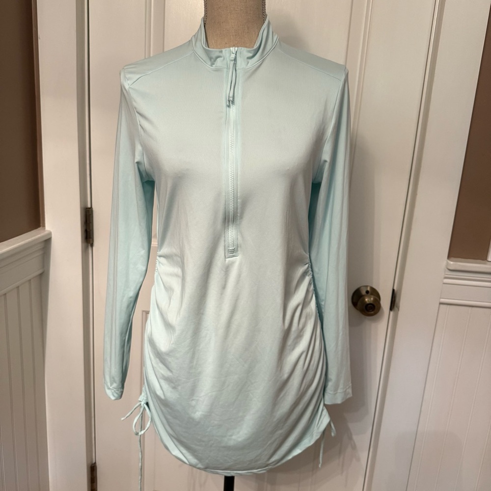 CARVE DESIGNS TOP TUNIC PALE GREEN STRETCH LONG SLEEVE CINCH TIE SIDES Sz M UPF
